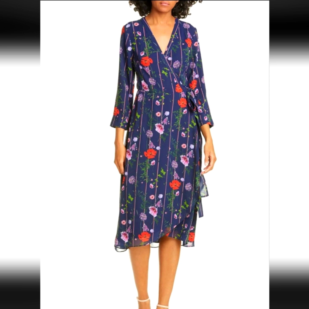 Ted Baker London Women's Blue Hedgerow Floral Stripe Wrap Dress Size 1